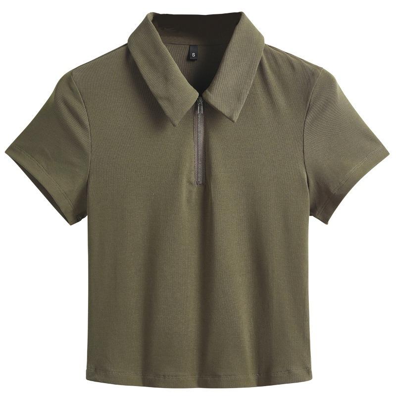 Женская короткая футболка облегающего кроя с застежкой-молнией и лацканами из эластичного хлопка, удобная и модная, с короткими рукавами