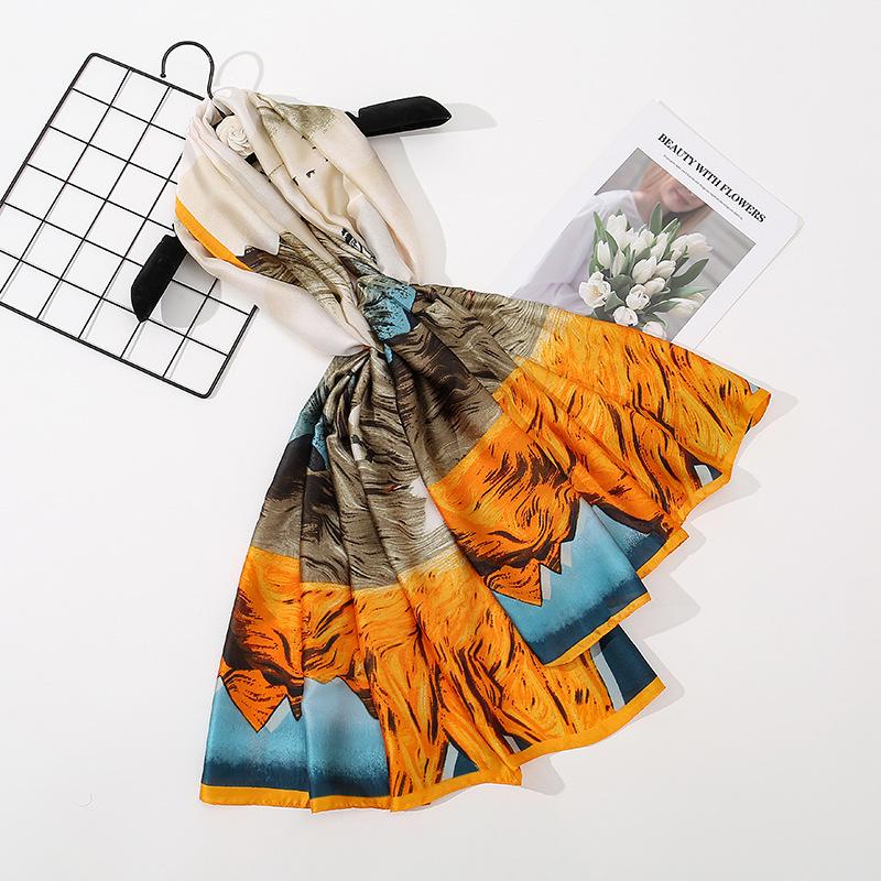 Powerful Mountains and Rivers Printed Li Brocade Long Silk Scarf Elegant Temperament Ladies Travel Sun Shading Shawl