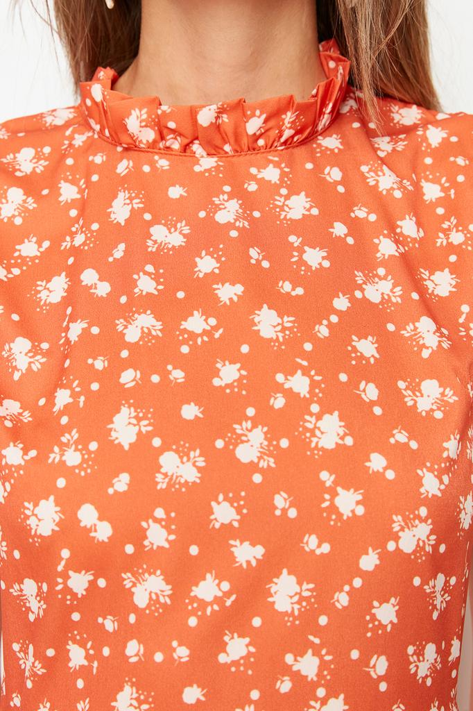 Women's Fashion New Dress Green Floral Patterned A-Line Flounce Lined Midi Woven Dress