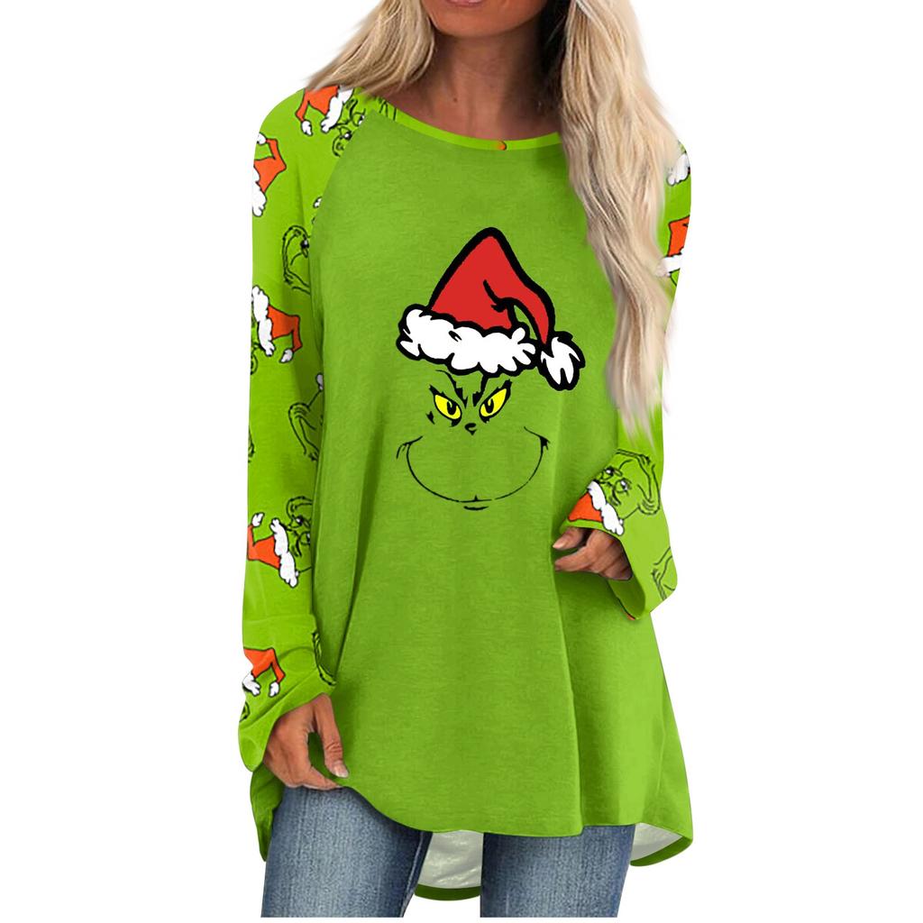 Женская мода, повседневная блузка с длинным рукавом и рождественским принтом, пуловер с круглым вырезом