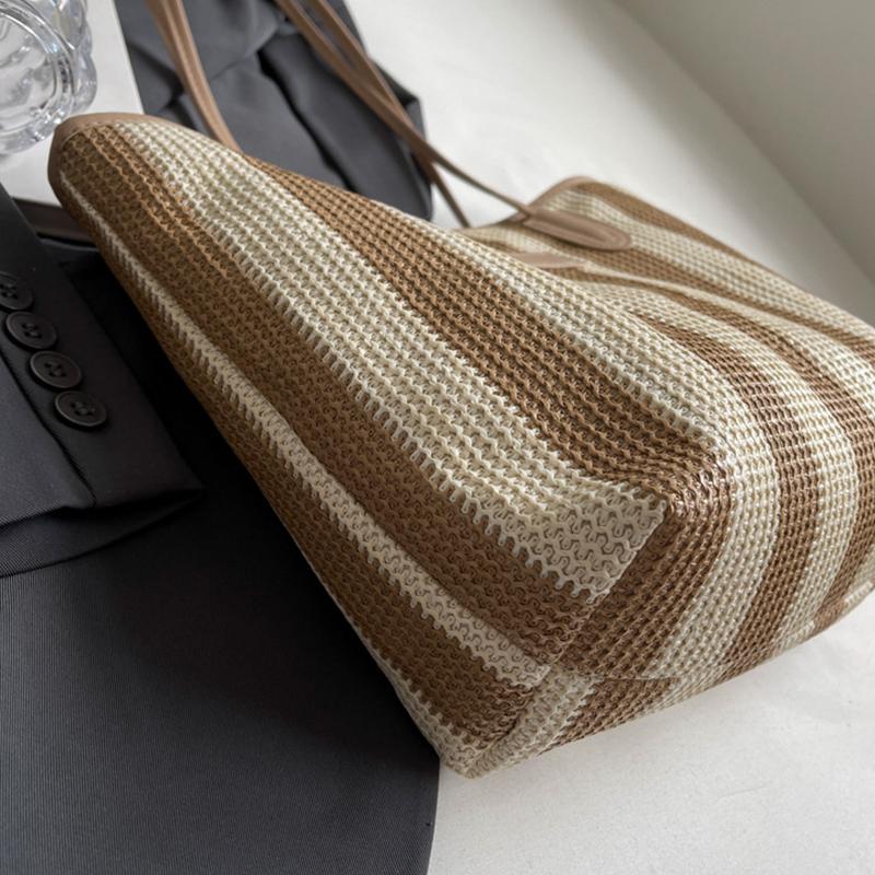 Striped Straw Beach Bag with Zipper Shoulder Bag Holiday Travel Handbag Top Handle Bag for Women Vacation Shopper Totes CLE