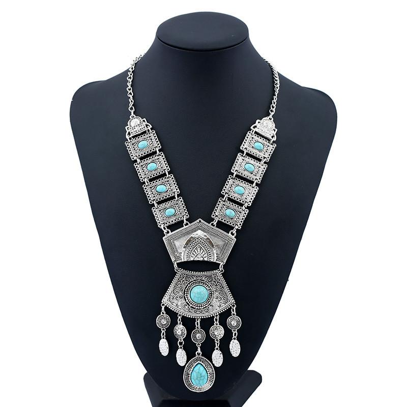 Ethnic Style Simulation Gemstone Decoration Women Metal Necklace Tassel With