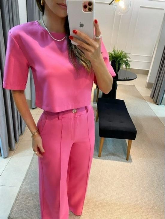 Европейский и американский женский однотонный комплект кэжуал: футболка с круглым вырезом и короткими рукавами и брюки широкого кроя