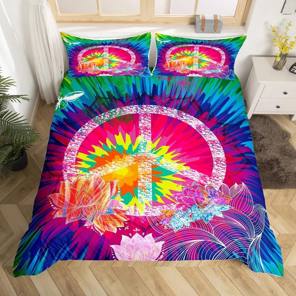 Boho Hippie Psychedelic Flowers Duvet Cover Colorful Peace Sign Bedding for Boys Girls Women Bedroom Decorative Rainbow Tie Dye