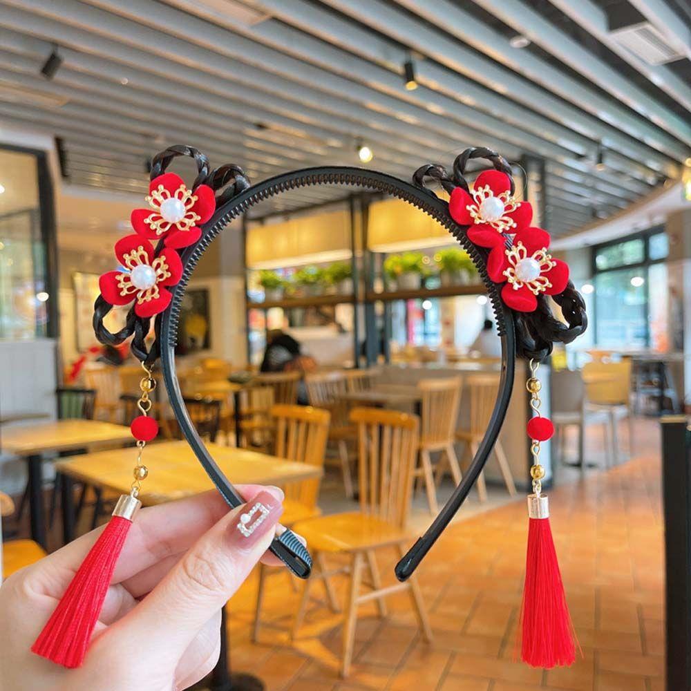 Elastic Cute Girls Pearl Bow Pigtail Wig Flower New Year Headress Children's Headband Chinese Style Hair Band Hanfu Hair Hoop