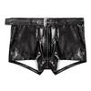 Mens Shiny Boxer Briefs with Waist Belt Zipper Opening Nightclub Underwear