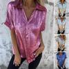 Women Shirt Bronzing Turn-down Collar V Neck Short Sleeves Pure Color Blouse Loose