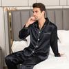 2Pcs/Set Silk Satin Men Pajama Set Button Down Long Sleeve Pajama Top with Notch Collar Front Button Chest Pocket Long Pants Set Sleepwear