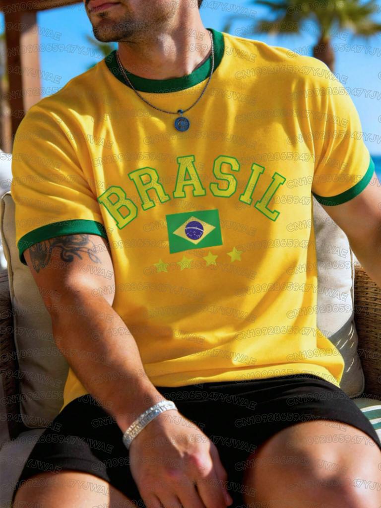 Summer Men's Women's Short Sleeve T-Shirt Brazil Print V-Neck Graphic Tee Jerseys Plus Size Sport T-Shirt