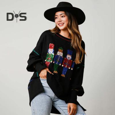 Женская толстовка с пайетками, рисунком из мультфильмов, разрезом, круглым вырезом и длинными рукавами, в рождественском стиле, для вечеринки на Новый год