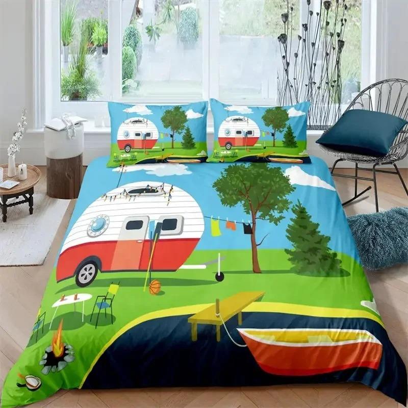 Happy Camping Duvet Cover Queen Cartoon Caravan Camping Bedding Set Farmhouse Style 3D Camper Comforter Cover With Pillowcases