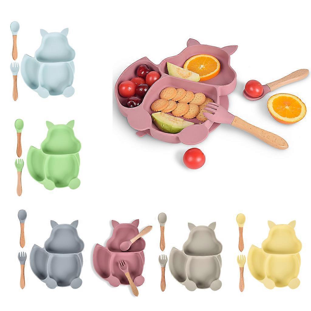 Silicone Bowl Set Non-slip Children's Cartoon Suction Plate Wooden Handle Silicone Spoon Dishes Baby Feeding Tableware Y18