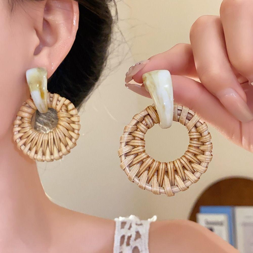 Round Rattan Weave Earrings Flower Beach Jewelry Cute Bohemian Drop Earrings Wedding