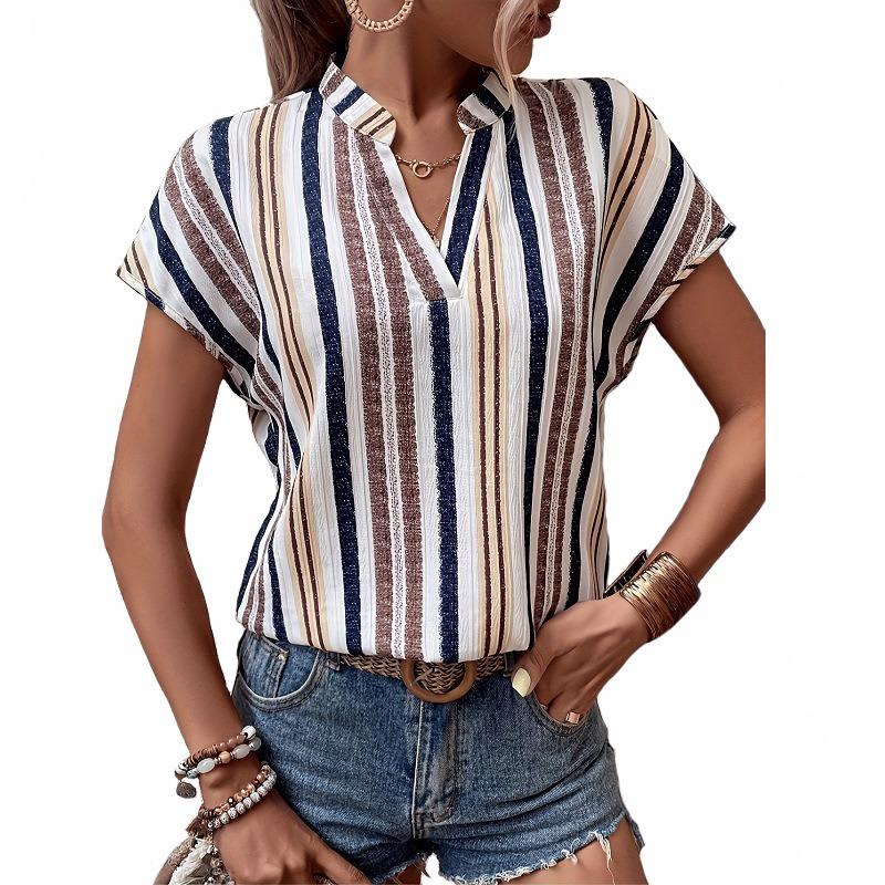 Плюс Размер Женский Новый Летний Полосатый Напечатанный V-образный Вырез Топ Рукав Летучая Мышь