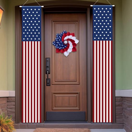 4th of July Patriotic Door Banners Outdoor Patriotic American Flag Hanging Porch Sign for Independence Day Memorial Day Decor
