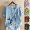 Женская мода с круглым вырезом и коротким рукавом, повседневная хлопковая льняная рубашка с рисунком, свободная летняя блузка с принтом птиц, топы больших размеров