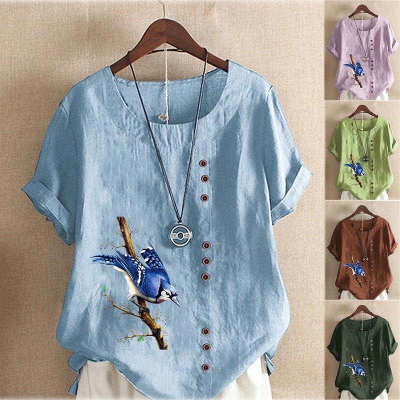 Женская мода с круглым вырезом и коротким рукавом, повседневная хлопковая льняная рубашка с рисунком, свободная летняя блузка с принтом птиц, топы больших размеров