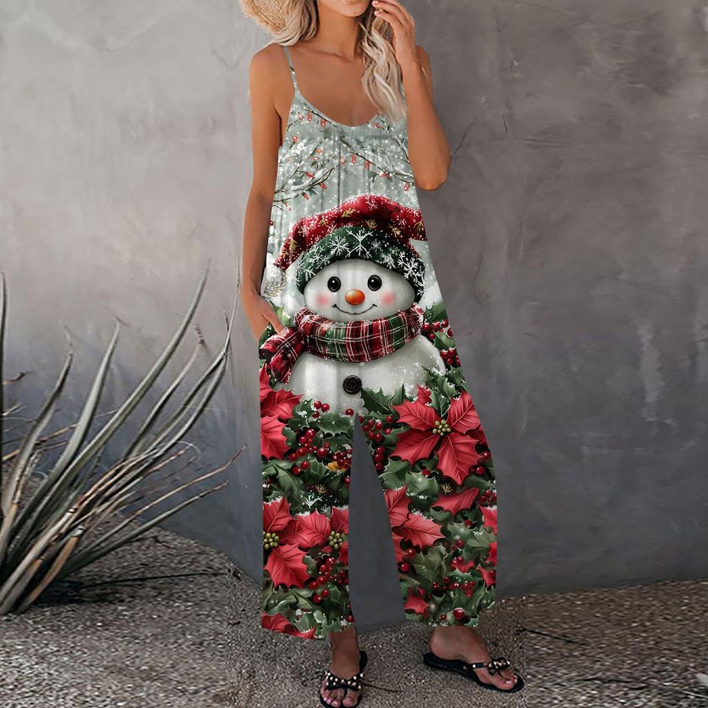 Женский рождественский принтованный комбинезон, свободный, с регулируемыми подтяжками
