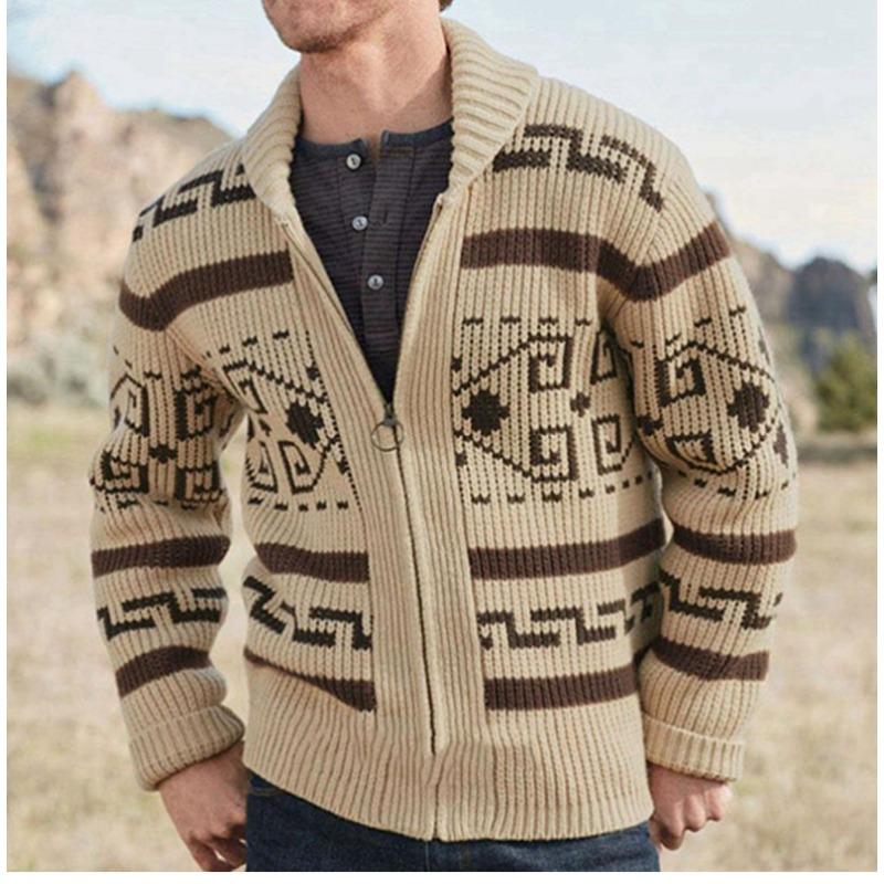 Autumn Winter New Men's Fashion Lapel Casual Cardigan Coat Long Sleeve Slim Jacquard Knitted Sweater