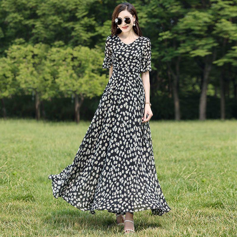 Женское летнее повседневное макси-платье из шифона с цветочным принтом, V-образным вырезом, короткими рукавами и завышенной талией