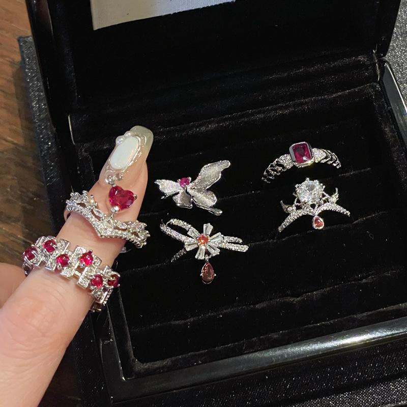 Medieval Brushed Imitation Pigeon Blood Red Ruby Open Ring, High-End Personality Diamond-Set Super Fairy Temperament Accessories