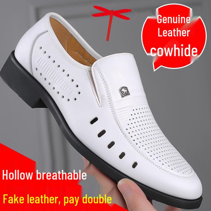 Мужские летние деловые кожаные сандалии: Дышащие, Мягкая подошва, Нескользящие, Полый дизайн, Идеально для папы среднего возраста.