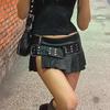 Dark Series Rivet Eyelet Belt Pleated Mini Skirt - Punk Style with Sexy Slit