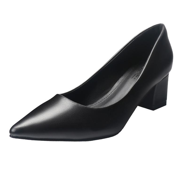Толстый каблук черные туфли на среднем каблуке из кожи рабочая обувь женская обувь одинарные туфли