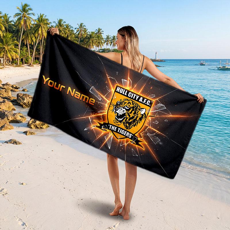 Hull City Custom Beach Towel, Personalized Name Text Print, Football Logo Soft Quick‑Dry Towel Holiday Gift
