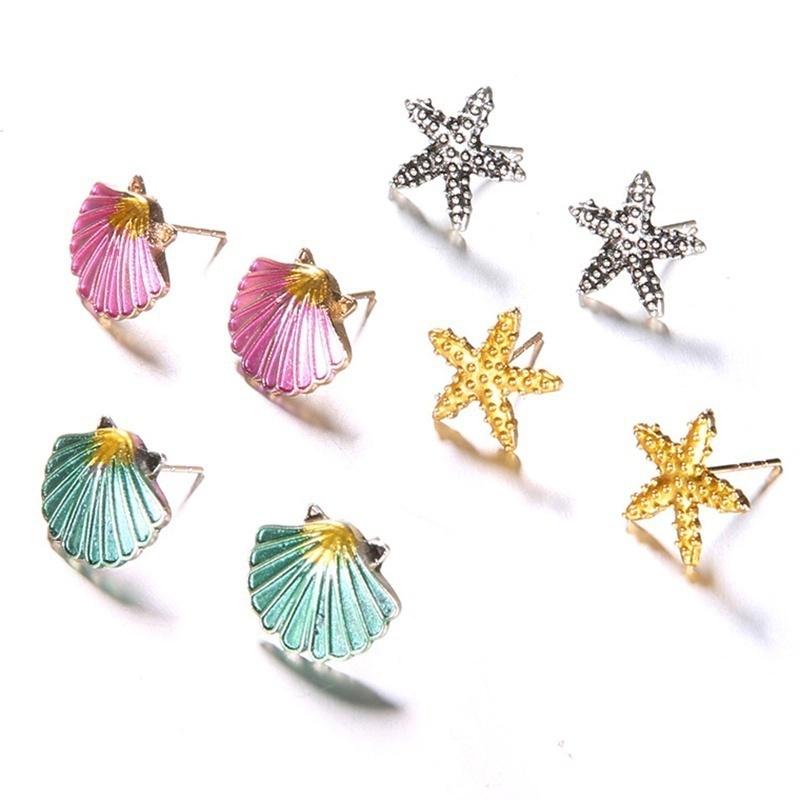 4pairs/set Starfish Shell Stud Earring Set Women Colorful Conch Shells Star Stud Earrings Party Bea