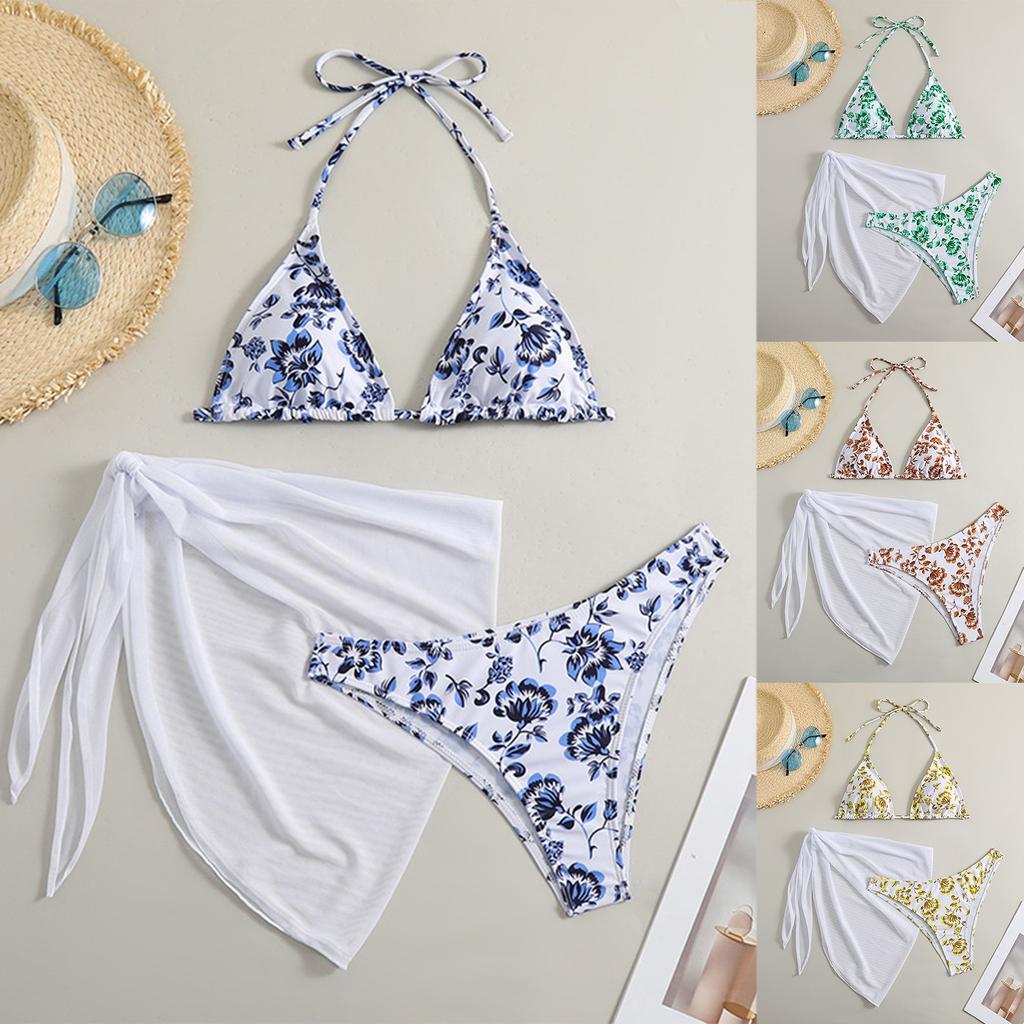 Сексуальный купальник-бикини с цветочным принтом, комплект из трех частей