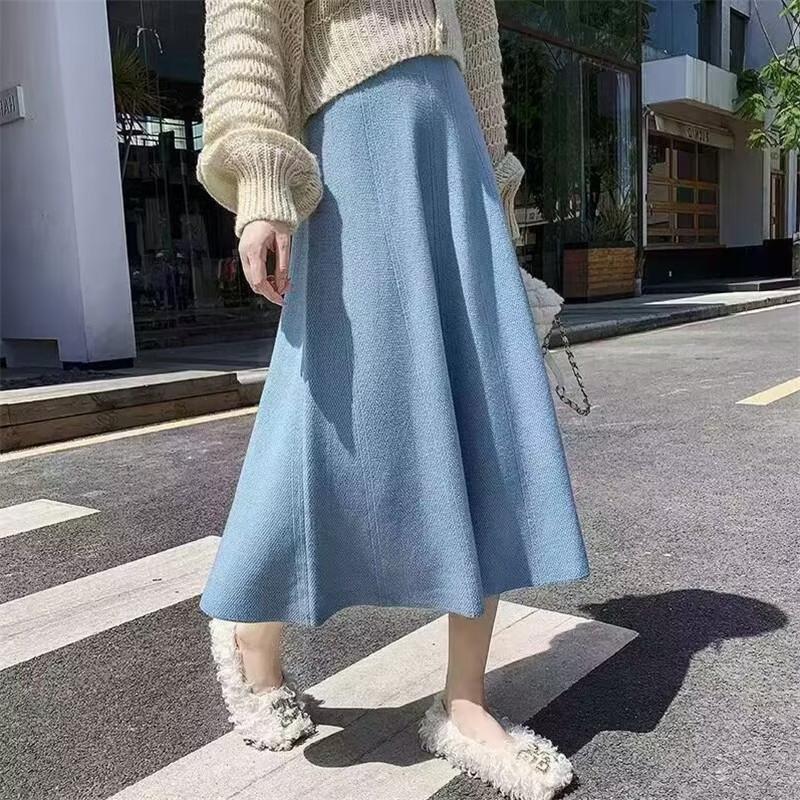 Women's High-Waisted A-Line Wool Skirt with Sweater - Hip-Covering, Slimming, Medium-Length for Autumn/Winter