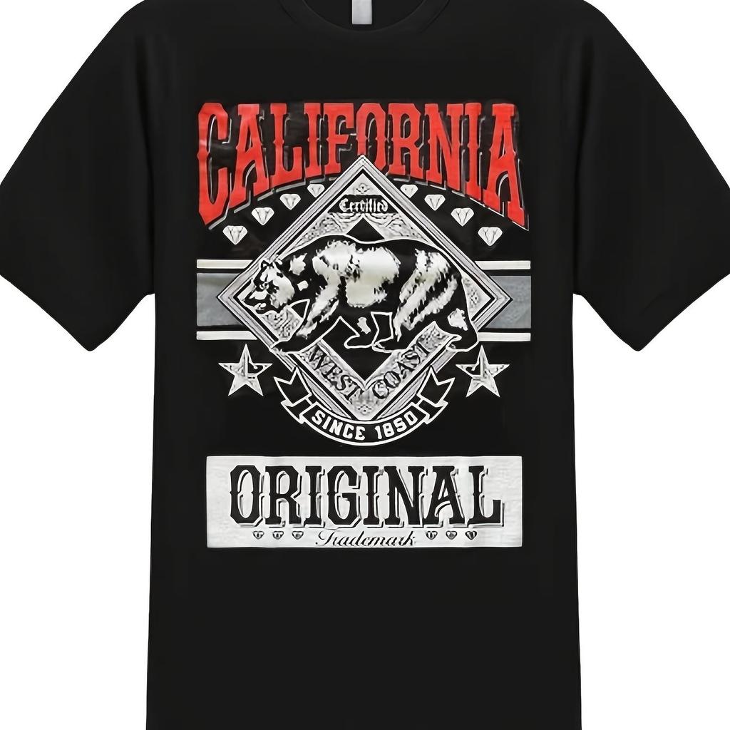 California Bear Graphic Print Cotton Crewneck Tshirt Street Urban Style Tee For Men
