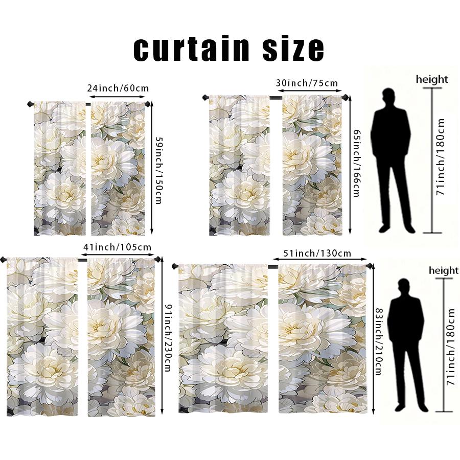 2Pcs, Multicolor, Large Cream Peony Floral Print Curta, For Bedroom And Living Room, Rod Pocket Style