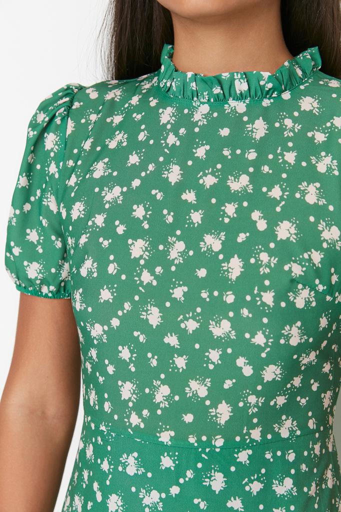 Women's Fashion New Dress Green Floral Patterned A-Line Flounce Lined Midi Woven Dress