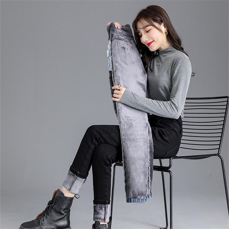 Зимние толстые флисовые теплые узкие брюки-карандаш для мам, джинсы, женские повседневные уличные брюки с высокой талией, женские синие джинсовые брюки