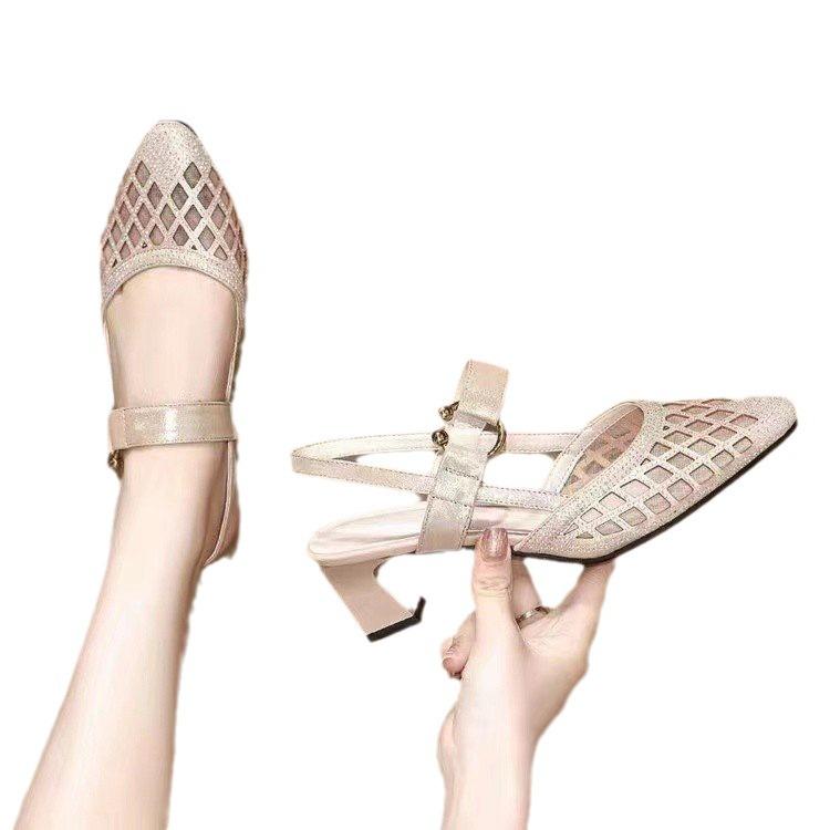 New Summer Hollow Mesh Breathable Rear Hollow Thick Heel Rhinestone Temperament Women's Sandals Soft Leather Toe Shoes