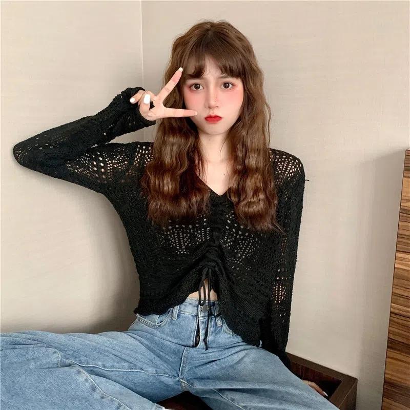 Женские вязаные топы в корейском стиле, весна-лето, свободные плиссированные короткие топы ярких цветов с v-образным вырезом и завязками