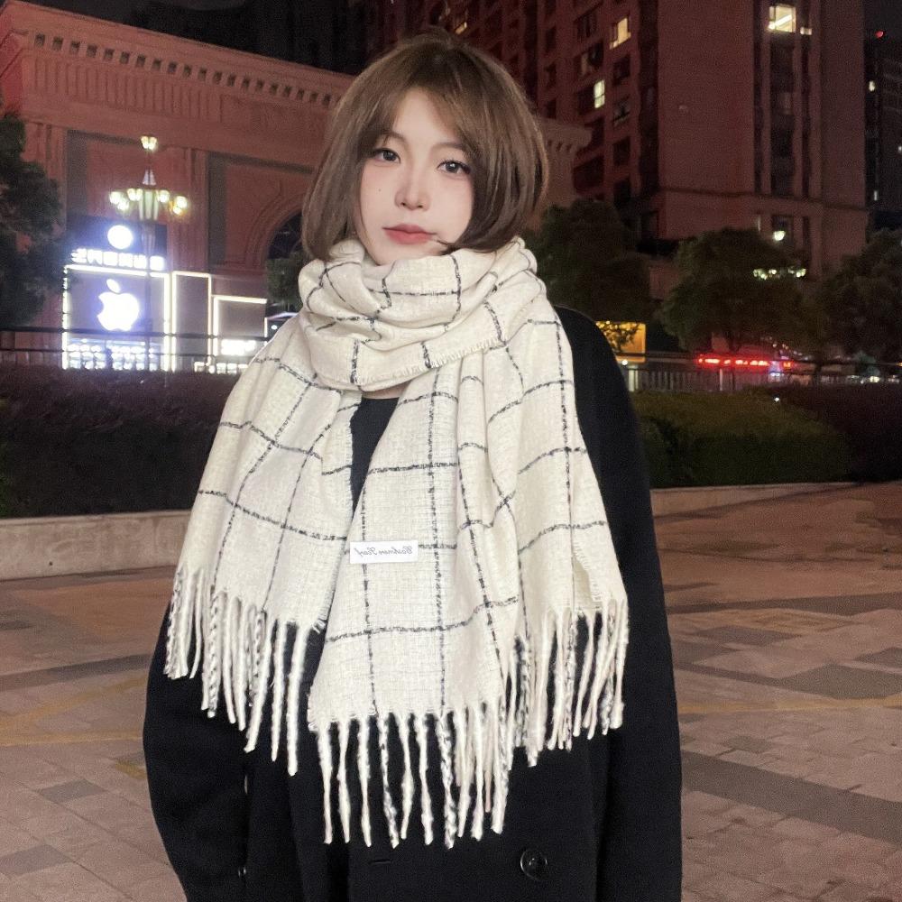 Solid Color Winter Cashmere Scarves Cashmere Shawl Cape Wraps Retro Plaid Wool Scarf Student