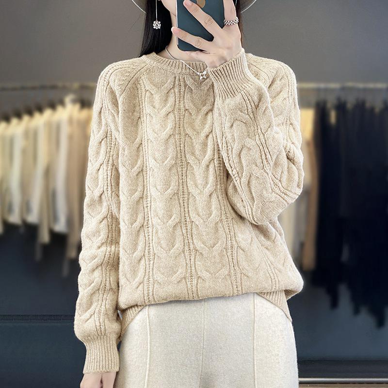 Women's Twisted Cable Knit Wool Sweater - Round Neck, Slim & Loose Fit, Autumn/Winter Pullover