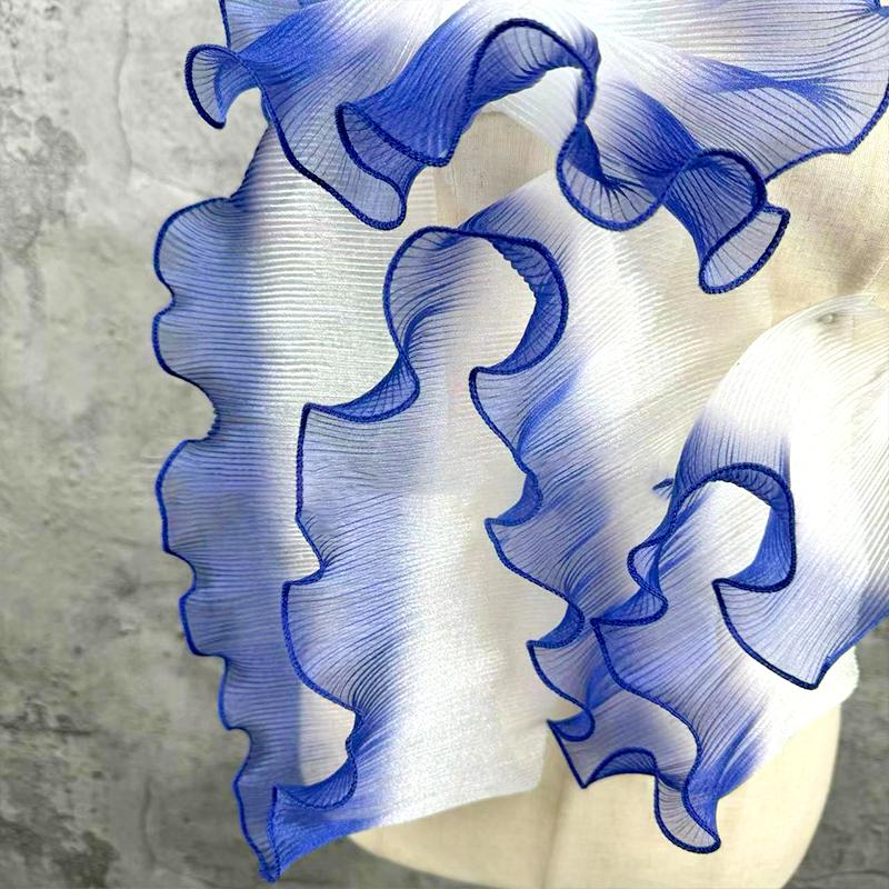 1PC Organza Lace Wedding Fashion Gradient Color Large Wavy Pleated Ruffles Dress Sewing