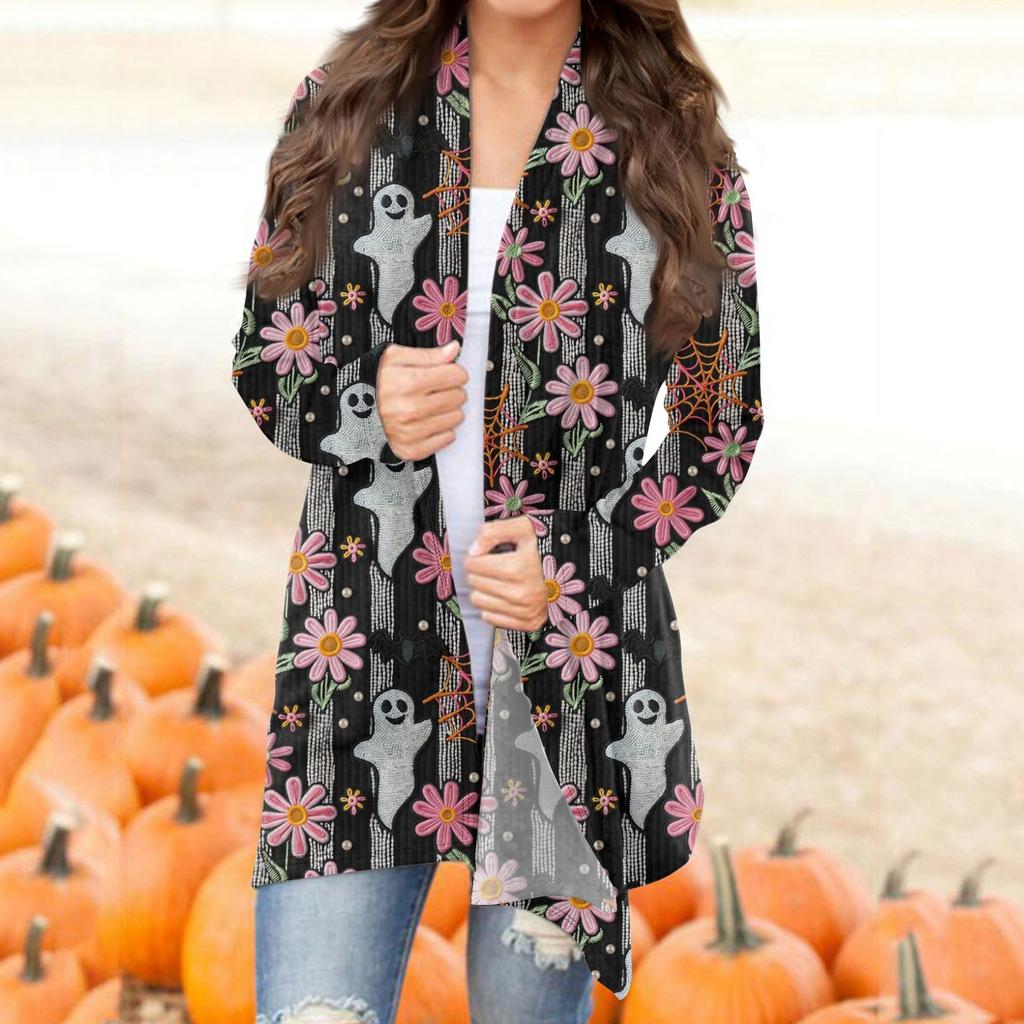 Женская мода повседневная Хэллоуин принтованный длинный рукав кардиган средней длины топы