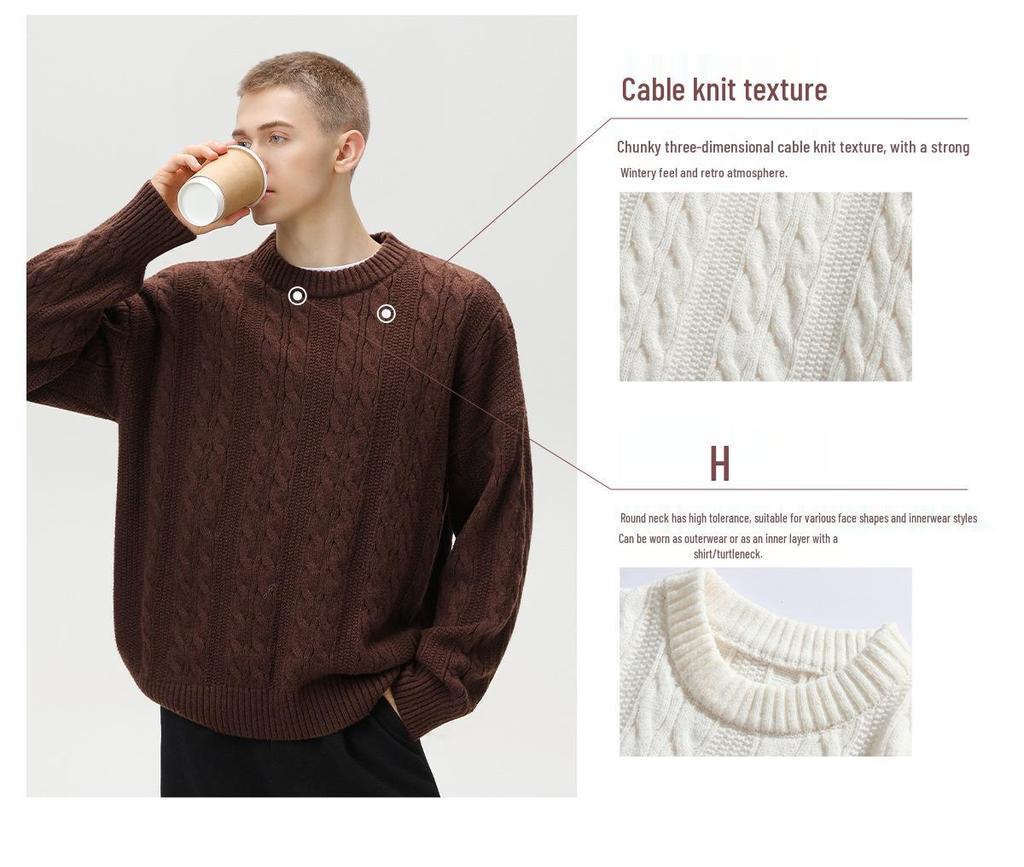 Мужской текстурированный свитер с кабельным узором и круглым вырезом - Трендовый толстый пуловер для осени/зимы, базовая универсальная верхняя одежда