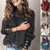 Women Turtleneck Pullover Button Long Sleeve Loose Knitted Sweater Tops