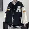 Men Baseball Jacket Full Buttons Closure Stand Collar Long Sleeve Jacket Coat with Pockets Letter Embroidery Design Color Matching Sports Outerwear
