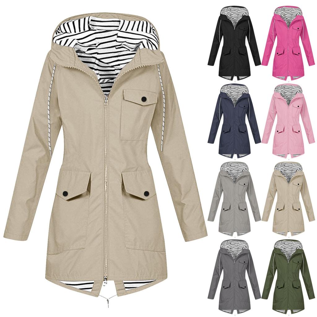Women Solid Rain Jacket Outdoor Plus Waterproof Hooded Raincoat Windproof