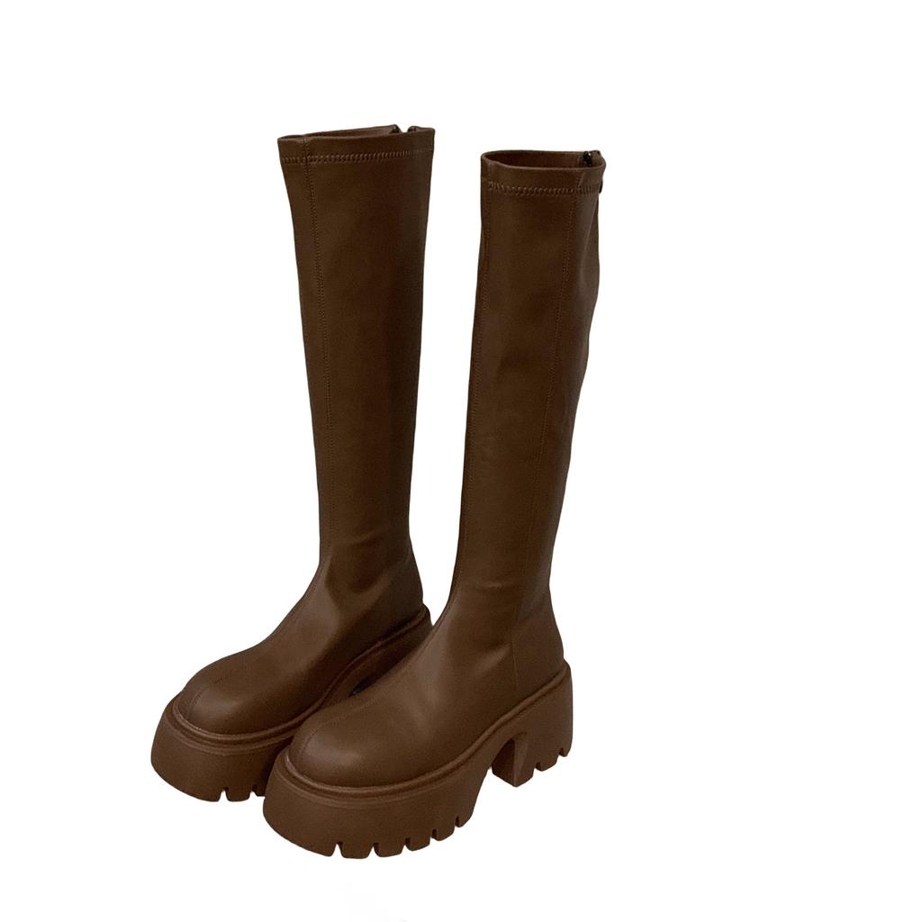 Маленькие узкие длинные рыцарские сапоги на толстой подошве, женская обувь 2025 года, новые бархатные черные сапоги средней высоты