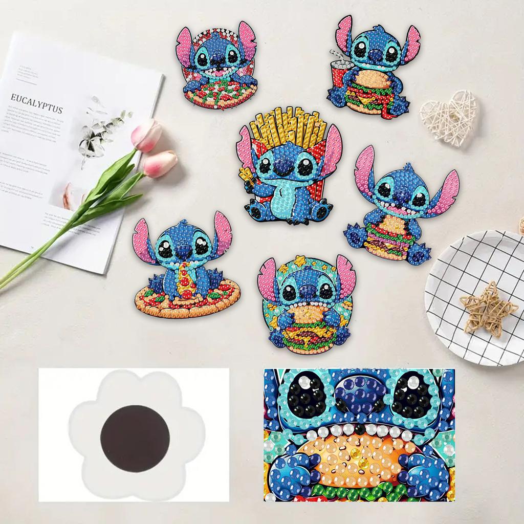 6Pcs DIY Diamond Painting Refrigerator Magnets, Disney Stitch, Cross-stitch Round Diamond Handicraft Home Decoration Gift
