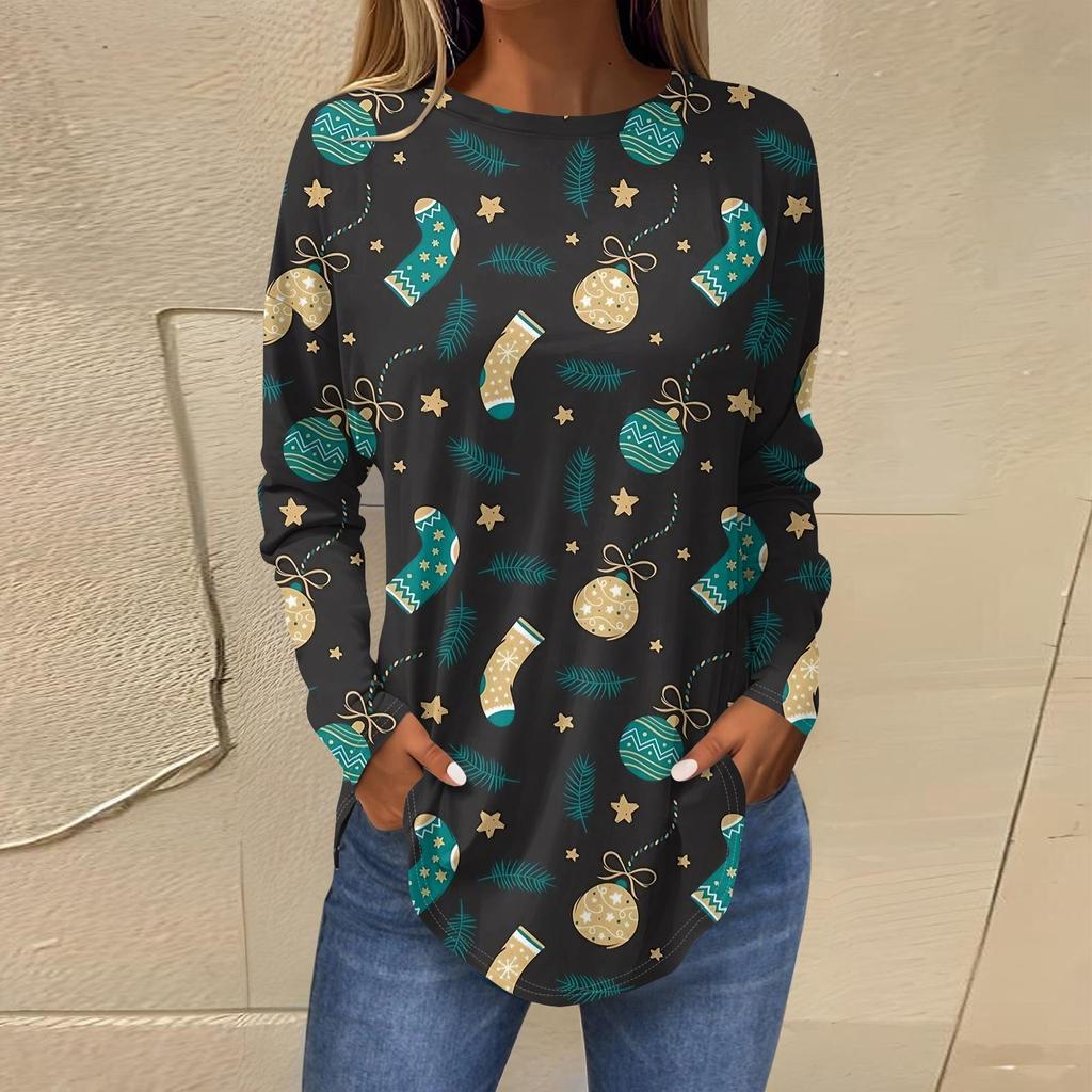 Футболки для женщин, осенние повседневные рубашки с длинными рукавами, толстовка с ретро-принтом, топ для рождественской вечеринки, пуловер