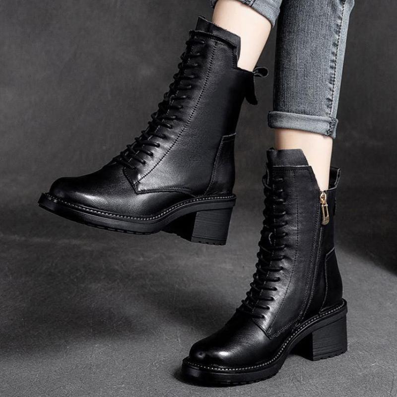Winter Boots Genuine Leather Women Shoes Plush Warm Round Toe Handmade Zip Leisure Sewing Platform Boots